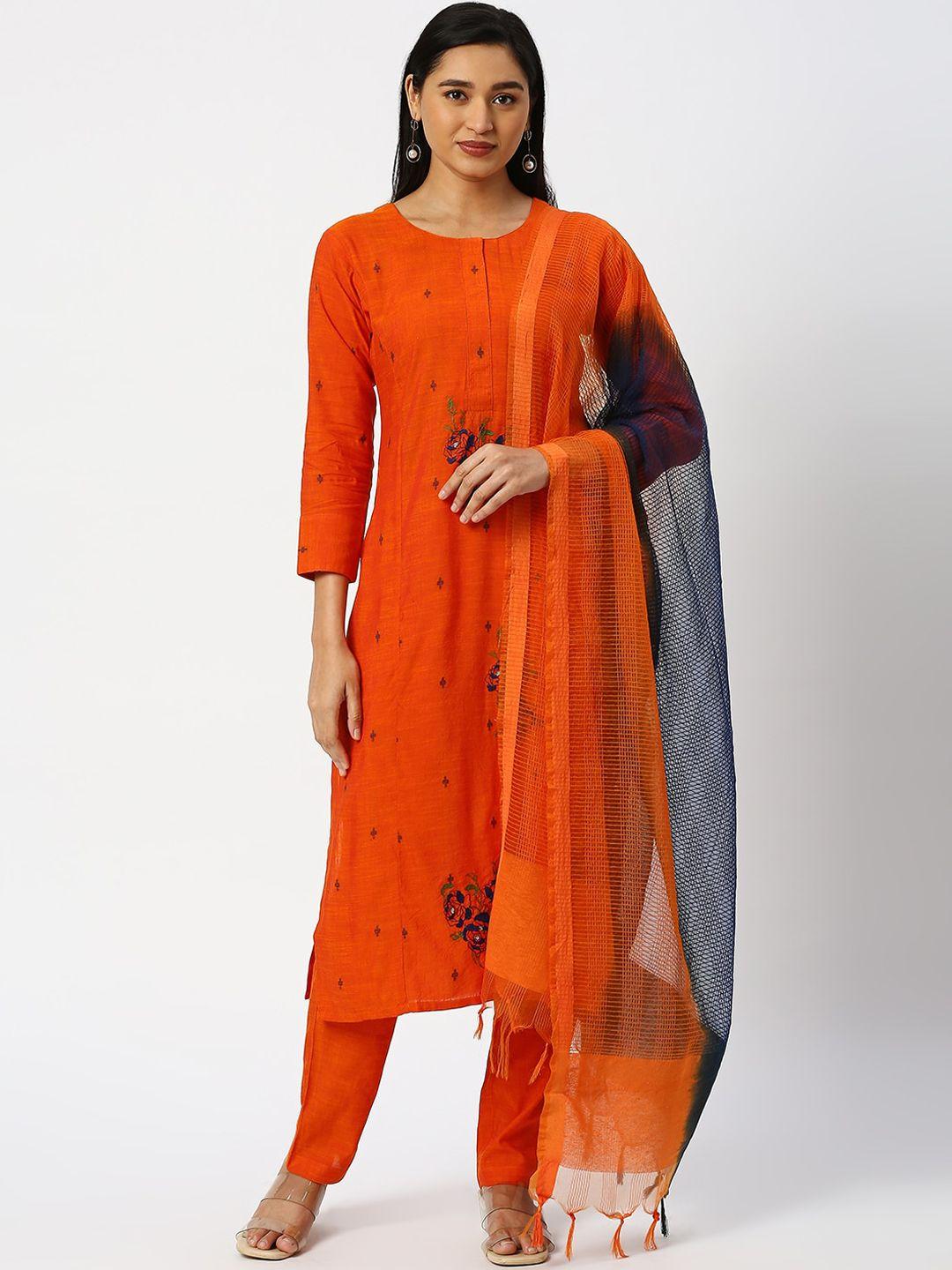dressline geometric embroidered pure cotton kurta with salwar & dupatta