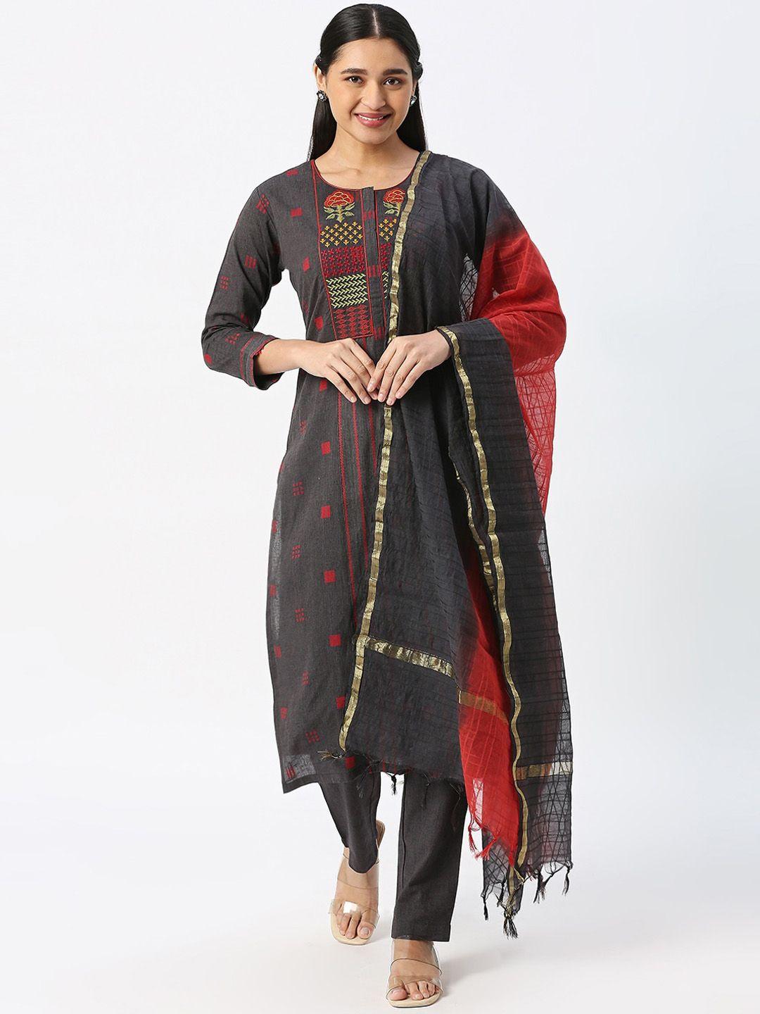 dressline geometric embroidered thread work pure cotton kurta with trousers & dupatta