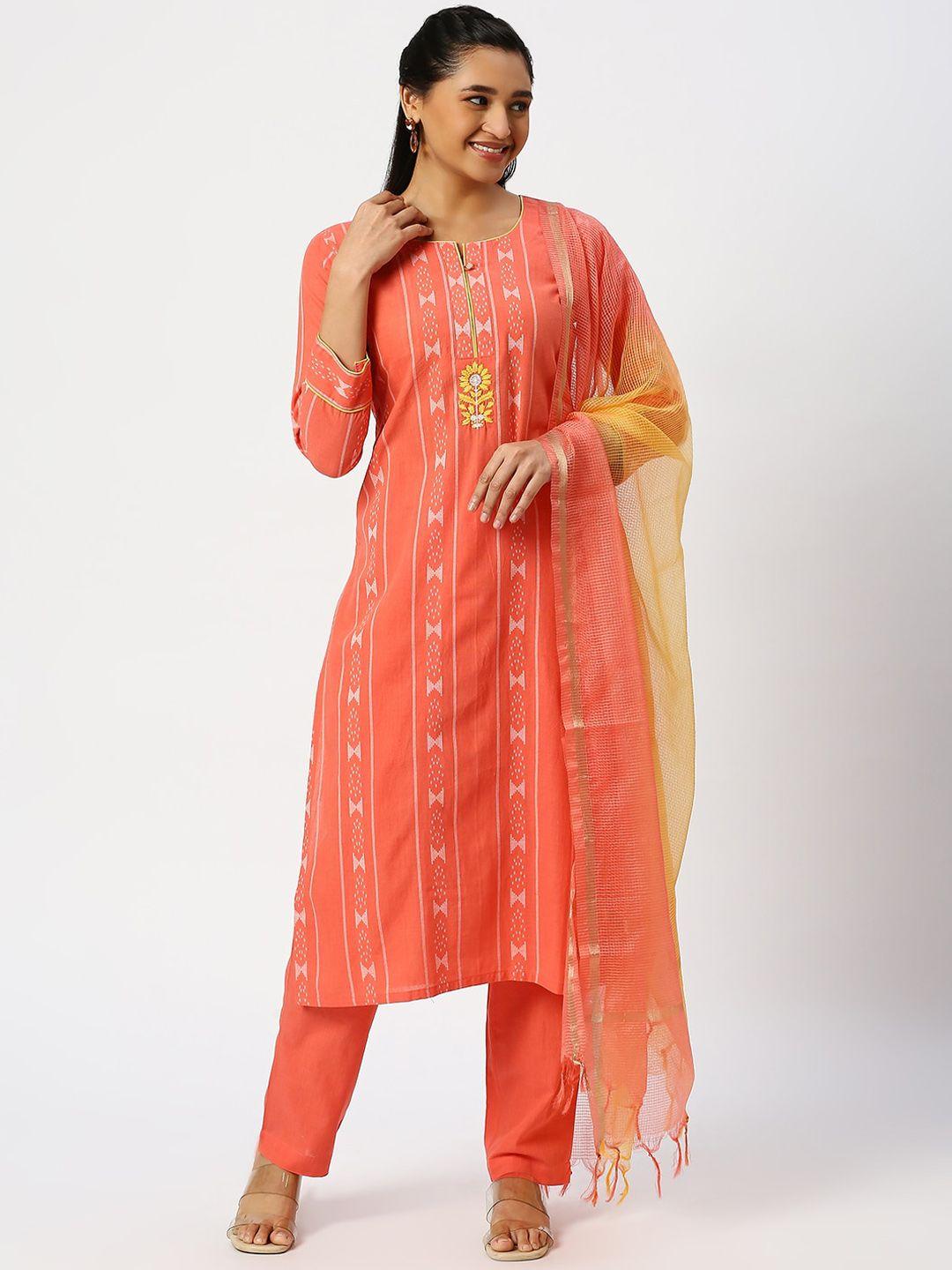 dressline geometric printed regular thread work pure cotton kurta with trousers & dupatta