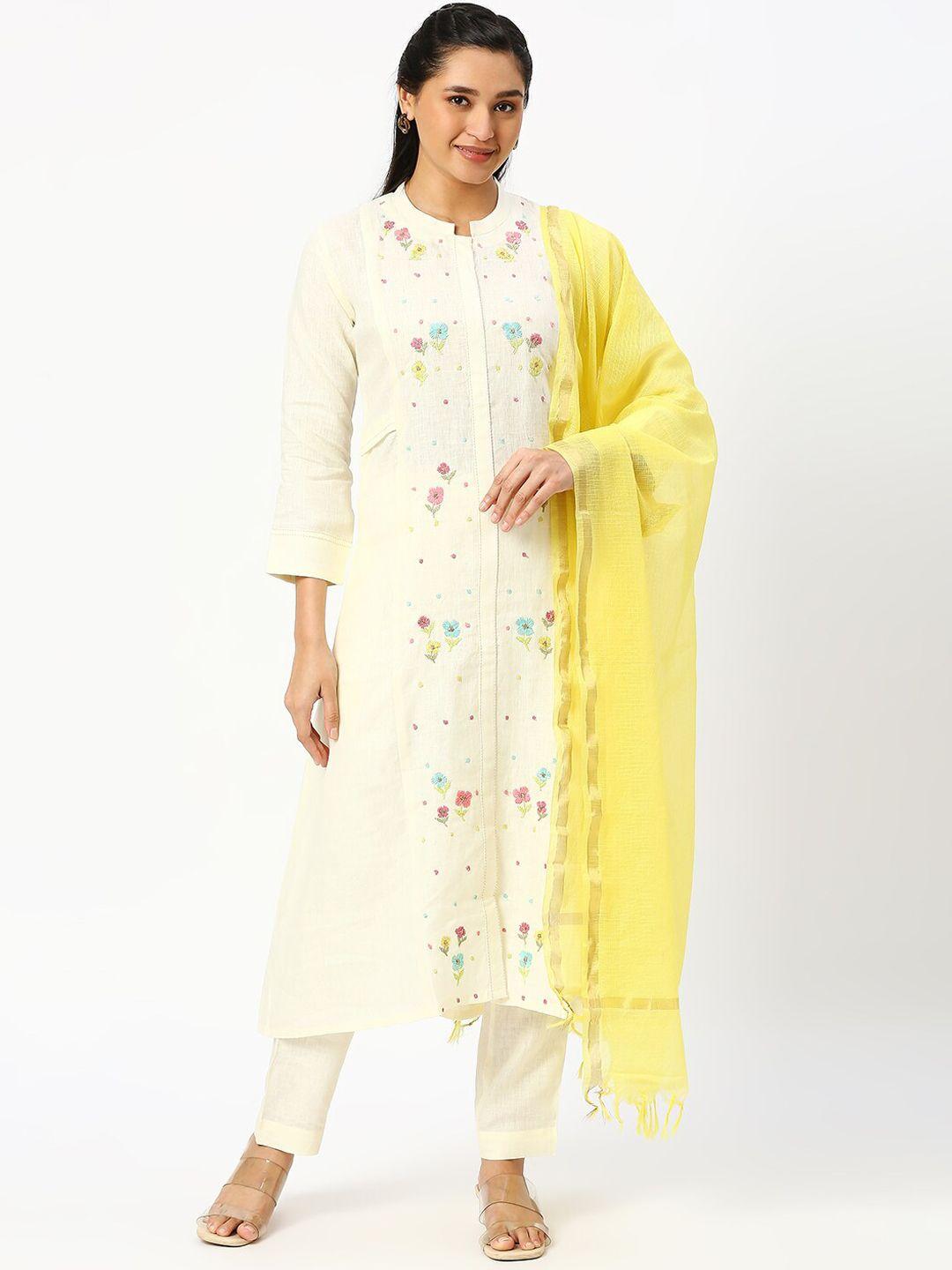 dressline mandarin collar thread work detail linen straight kurta & trousers with dupatta