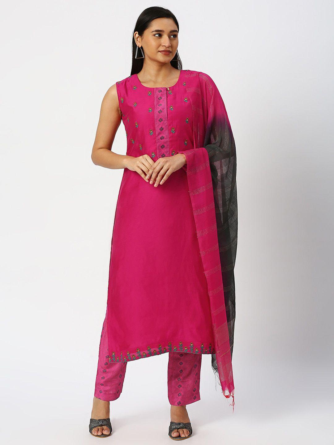 dressline women pink ethnic motifs embroidered regular thread work chanderi silk kurta with trousers & with