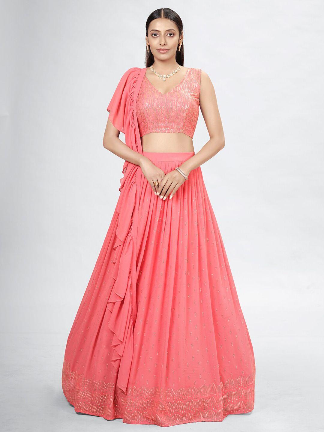 dresstive coral & gold-toned embroidered mukaish semi-stitched lehenga & unstitched blouse with dupatta