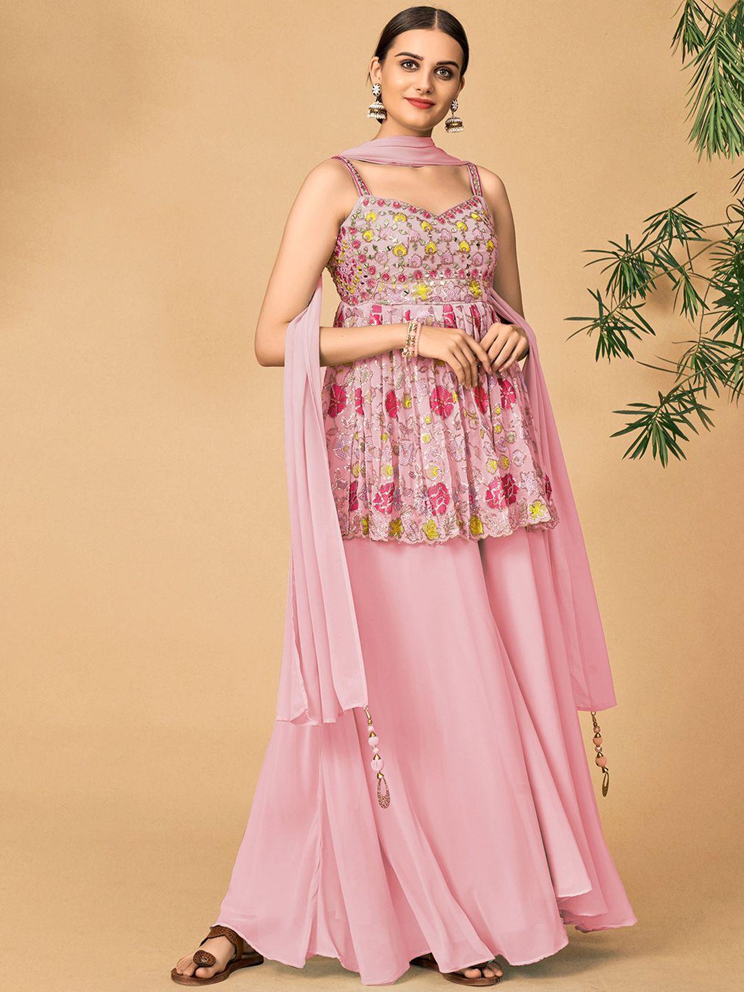 dresstive floral embroidered shoulder straps kurta & palazzos with dupatta