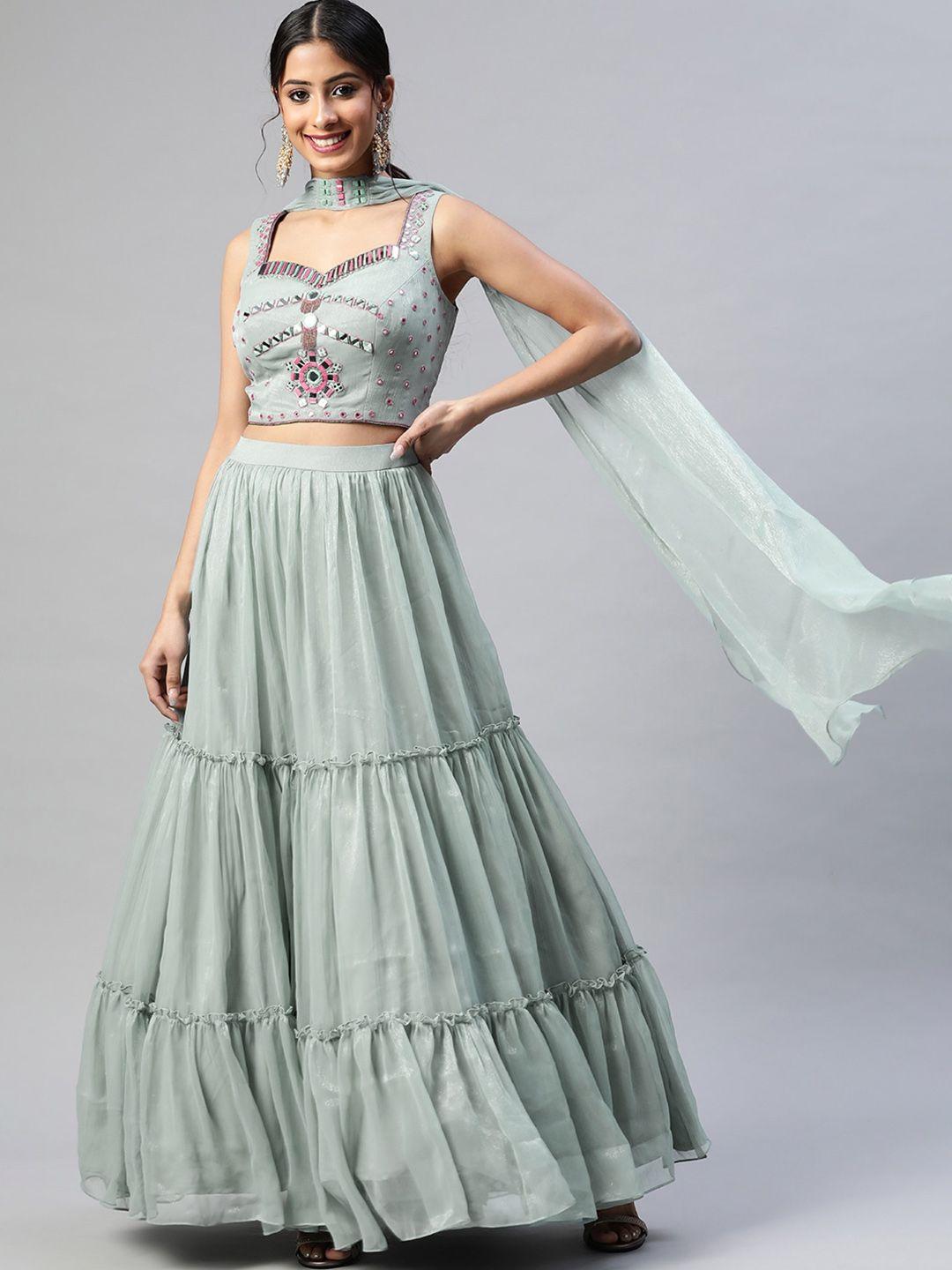 dresstive grey & pink embellished mirror work semi-stitched lehenga & unstitched blouse with dupatta