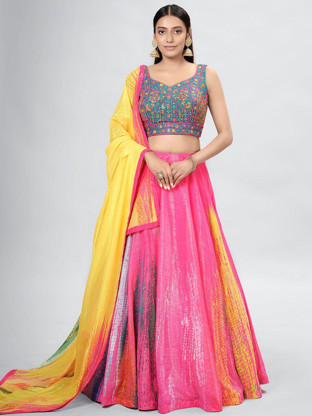 dresstive pink & blue embroidered mirror work semi-stitched lehenga & unstitched blouse with dupatta