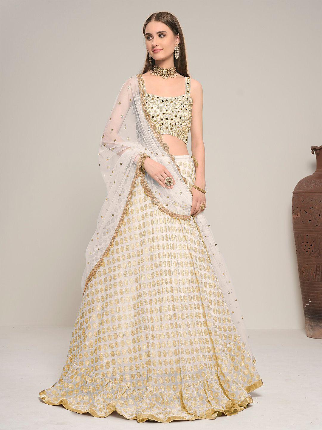 dresstive white & gold-toned embroidered semi-stitched lehenga & unstitched blouse with dupatta