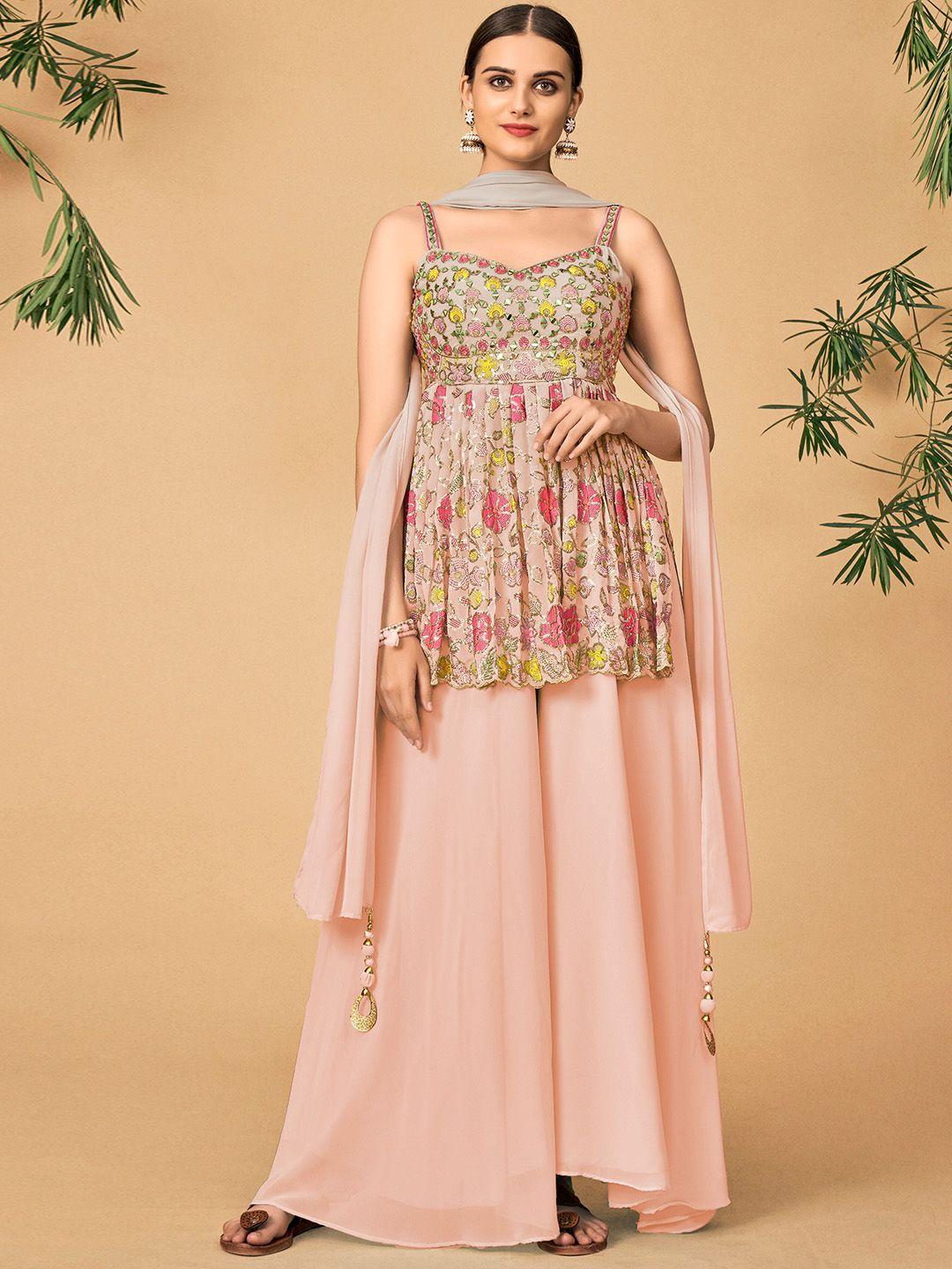 dresstive women peach-coloured floral embroidered kurti with palazzos & dupatta