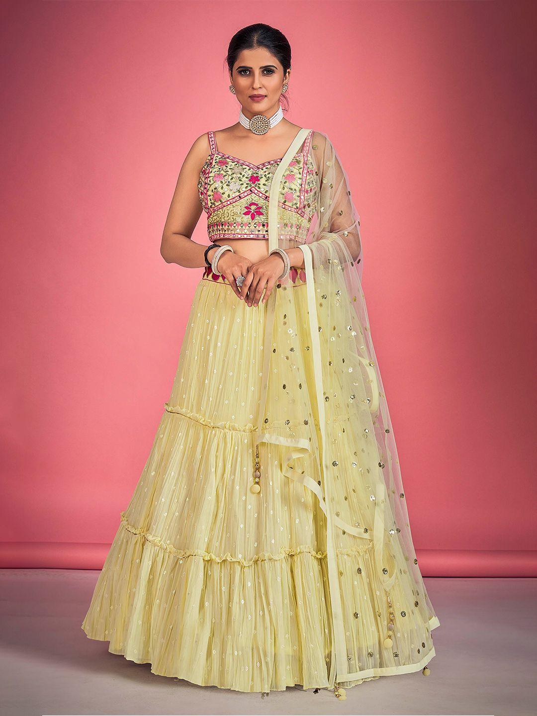 dresstive yellow & pink embroidered thread work ready to wear lehenga & blouse with dupatta