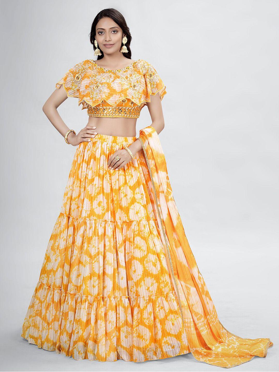 dresstive yellow & white embroidered mirror work tie and dye semi-stitched lehenga & unstitched blouse with