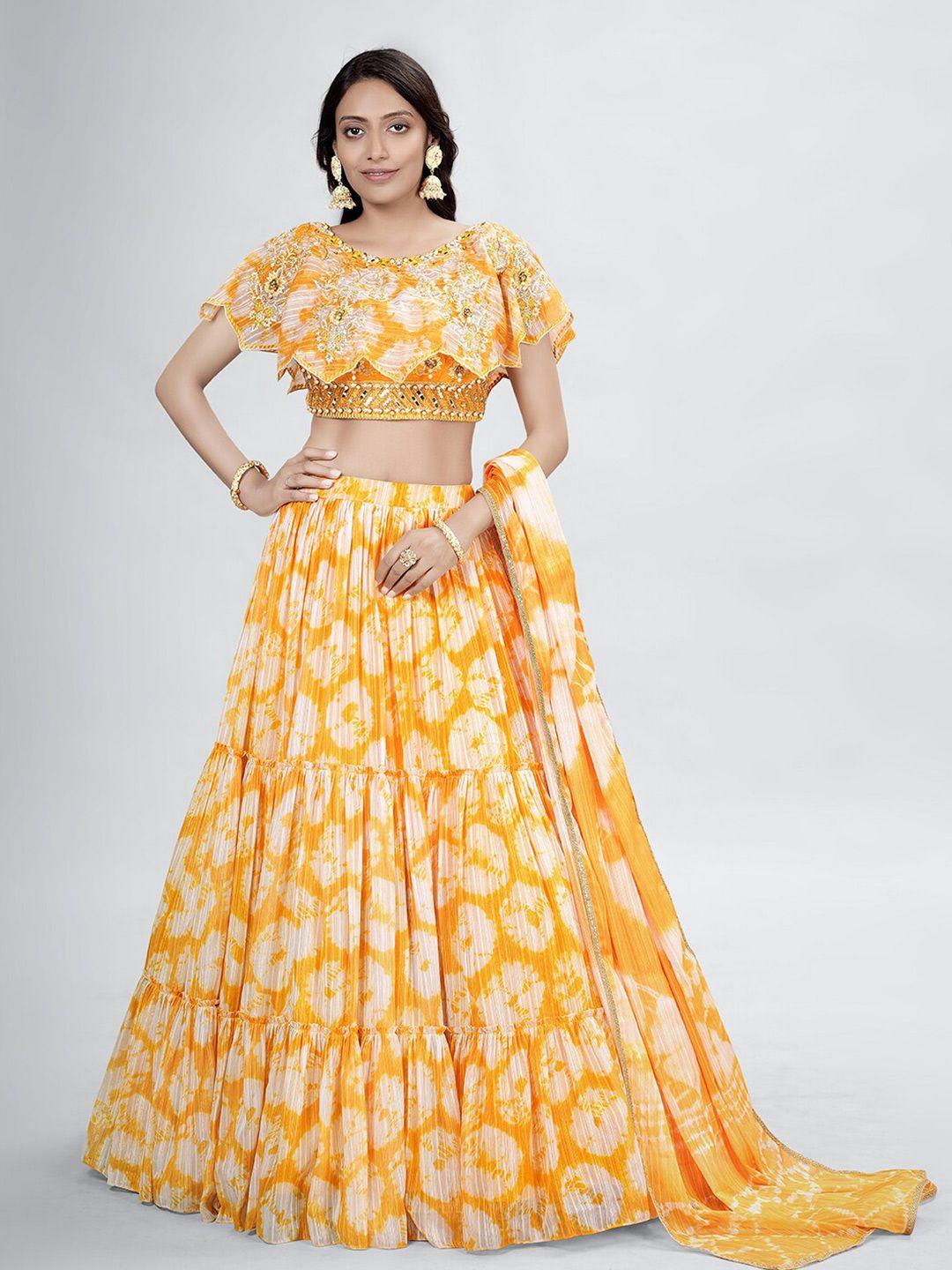 dresstive yellow & white embroidered thread work shibori semi-stitched lehenga & unstitched blouse with