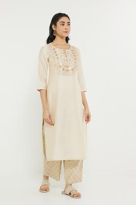 dressy embroidered polyester round neck women's festive wear kurta - off white