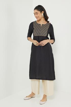 dressy embroidered polyester round neck women's festive wear kurta - black