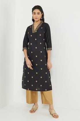 dressy embroidered polyester v-neck women's festive wear kurta - black