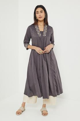 dressy embroidered polyester v-neck women's festive wear kurta - grey
