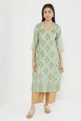 dressy embroidered polyester v-neck women's festive wear kurta - mustard