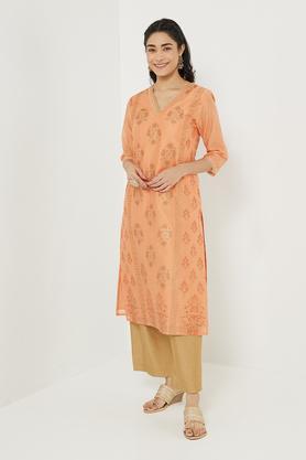 dressy embroidered polyester v-neck women's festive wear kurta - orange