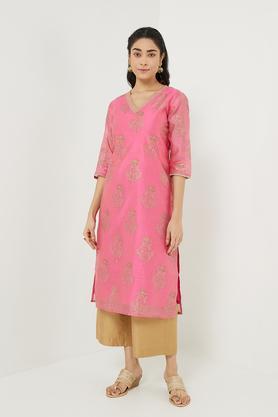 dressy embroidered polyester v-neck women's festive wear kurta - pink