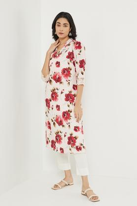 dressy floral polyester v-neck women's festive wear kurta - off white