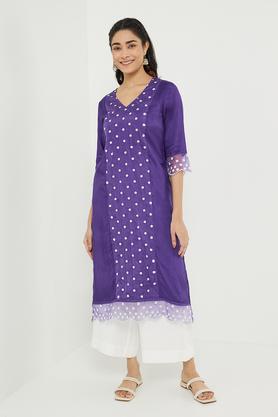 dressy printed polyester v-neck women's festive wear kurta - purple