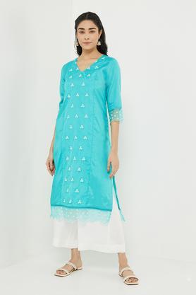 dressy printed polyester v-neck women's festive wear kurta - teal