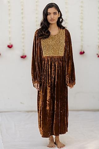 dried mustard embroidered kaftan dress