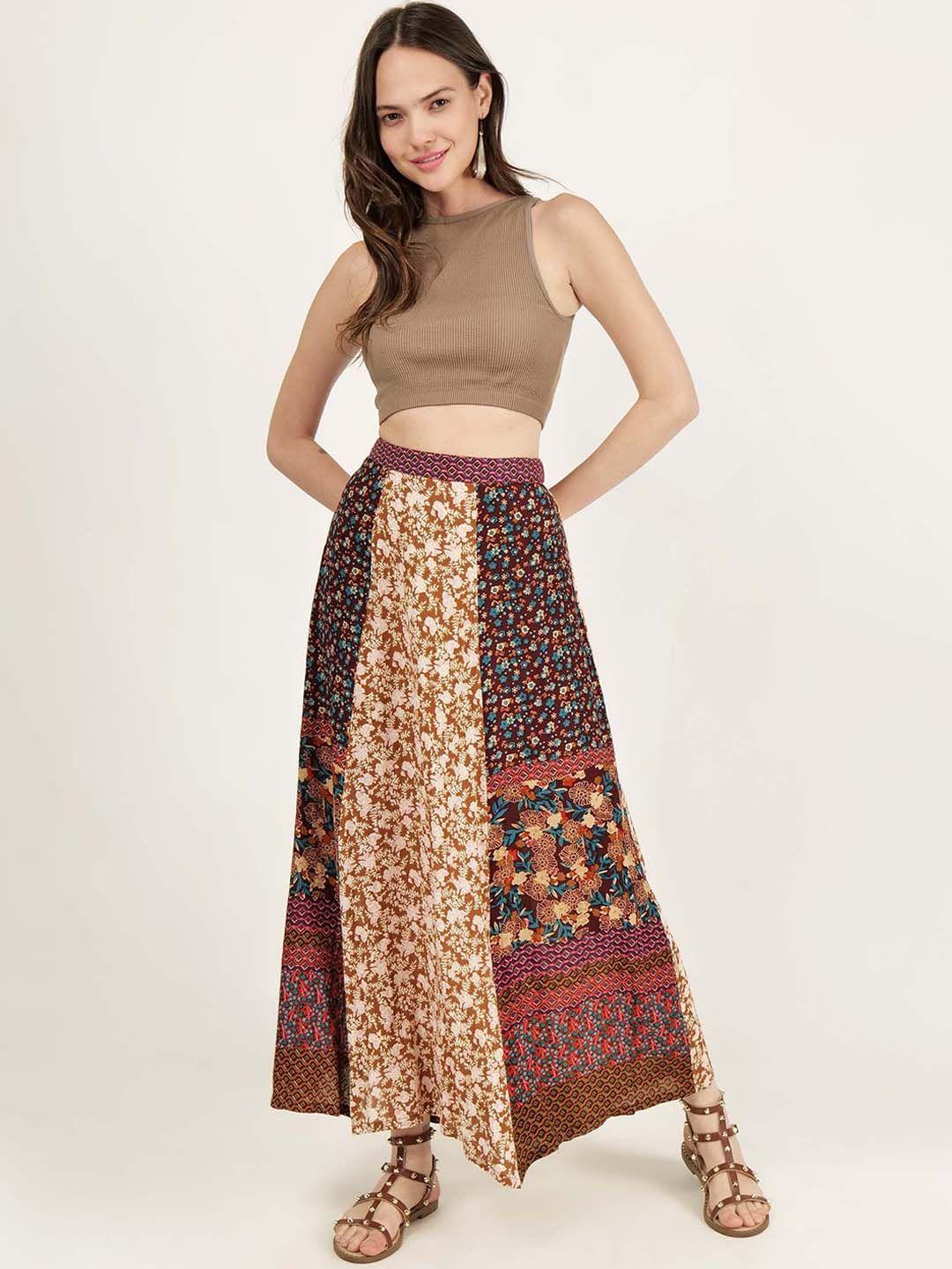 driro mix and match floral printed flared a-line maxi skirt