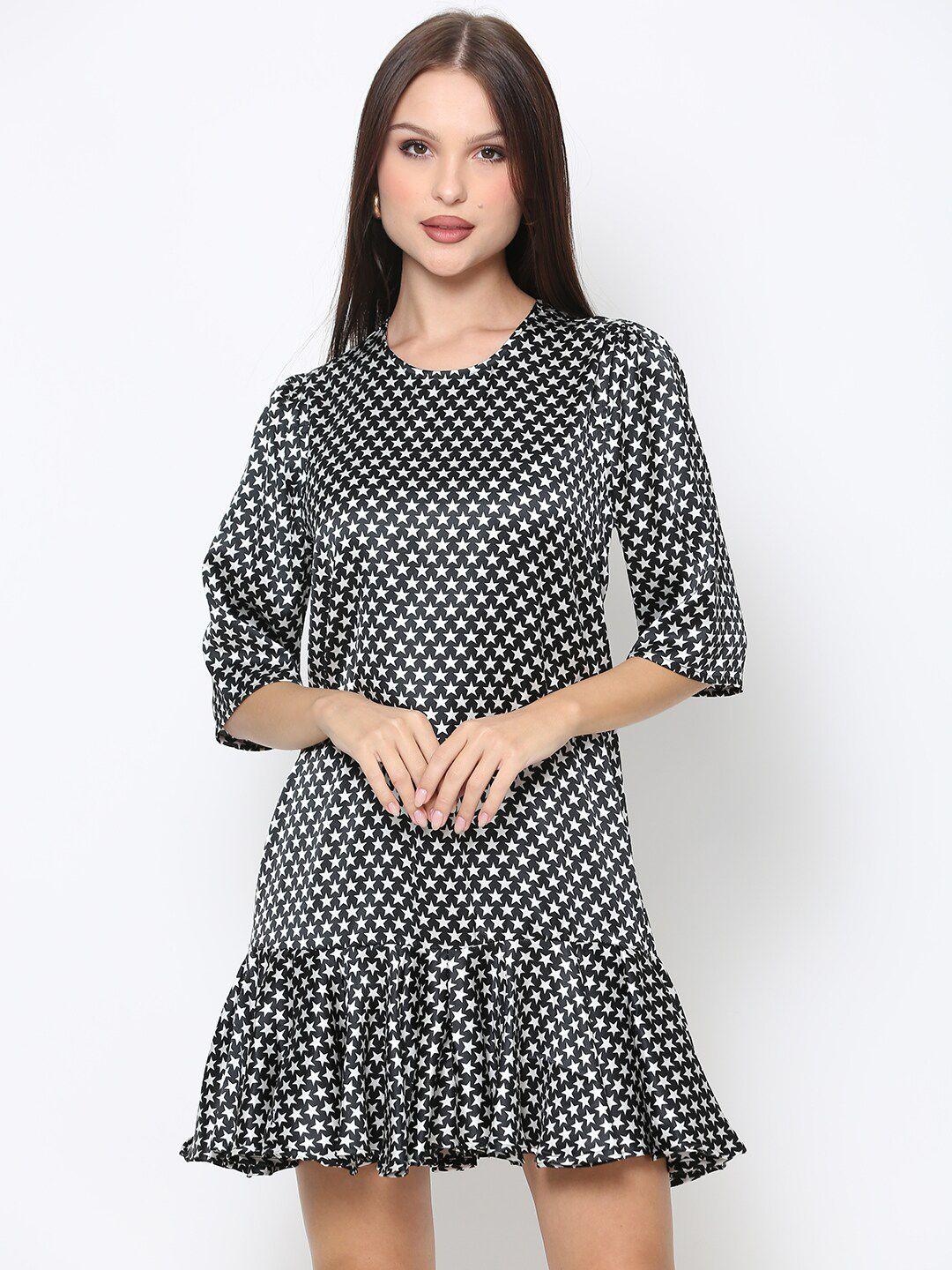 driro black & white printed satin drop-waist mini dress