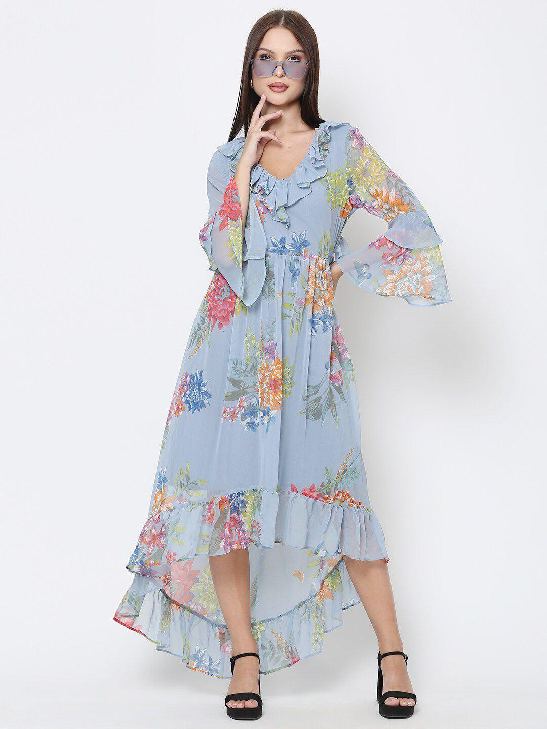 driro blue & yellow floral printed georgette a-line maxi dress
