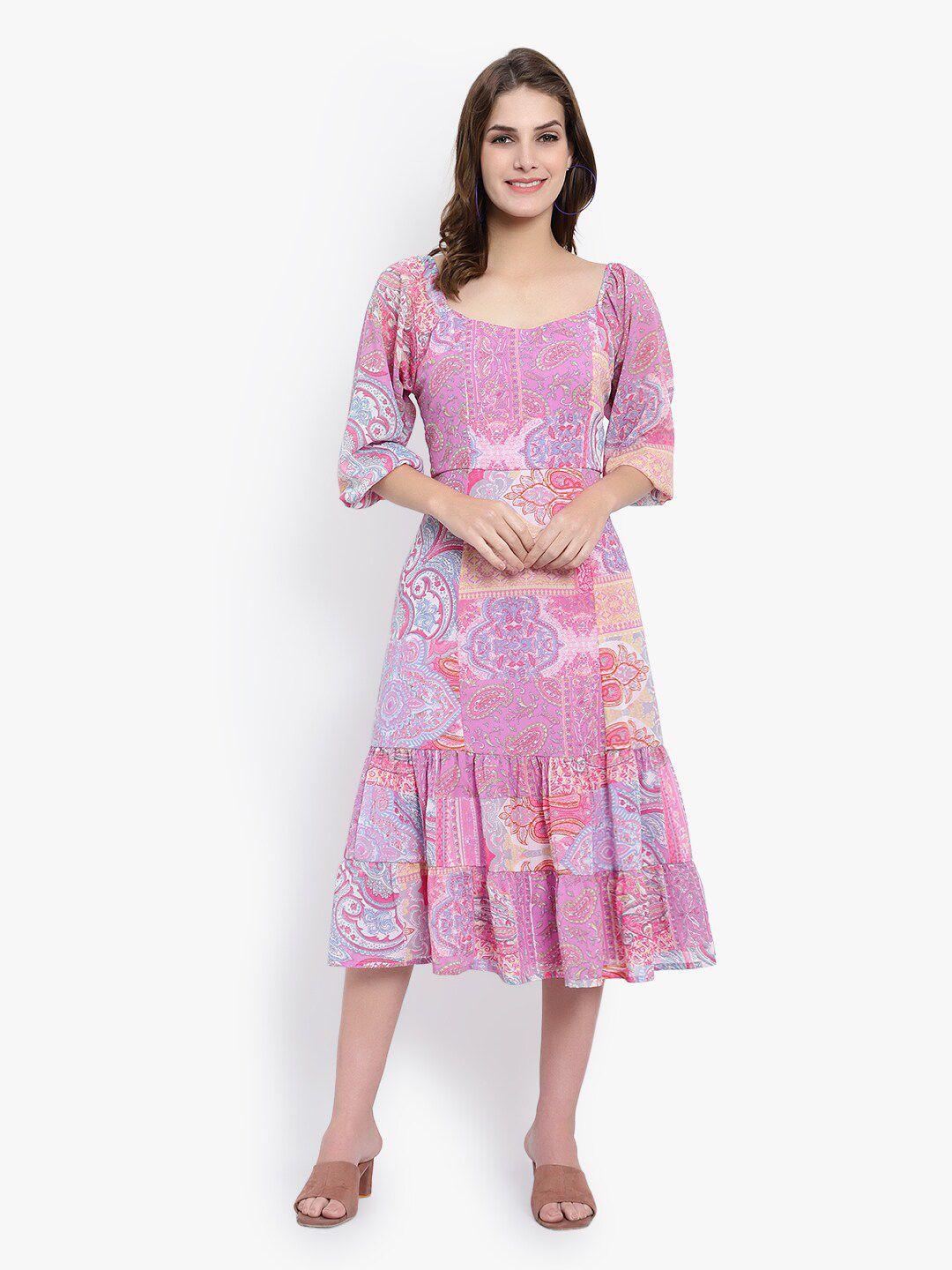 driro ethnic motifs printed square neck smocked georgette a-line midi dress