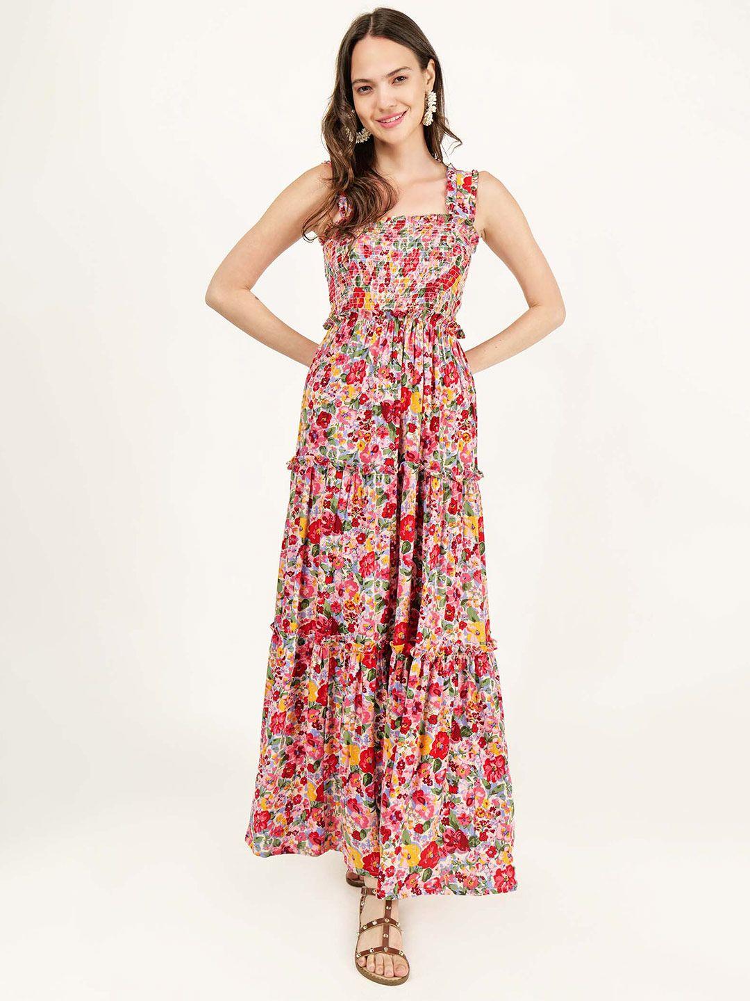 driro floral printed smocked detailed tiered maxi dress