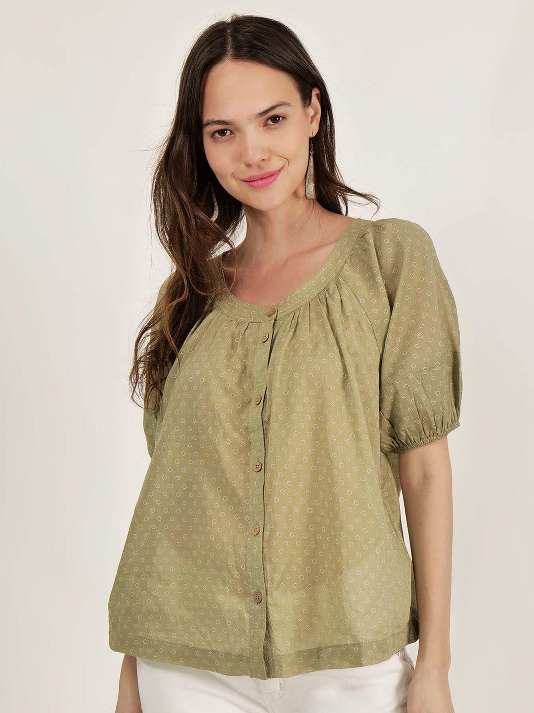 driro khaki geometric printed puff sleeve pure cotton top