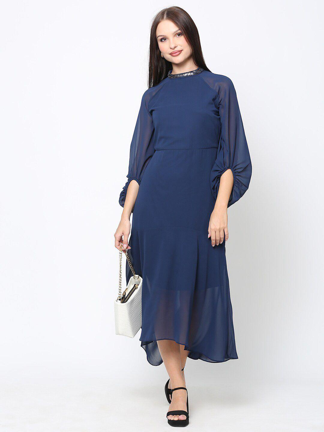 driro navy blue georgette a-line midi dress