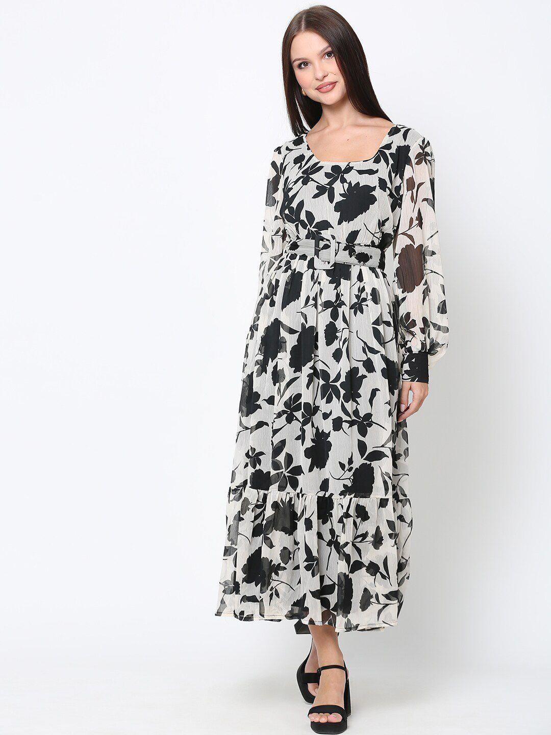 driro off white & black floral printed chiffon maxi dress