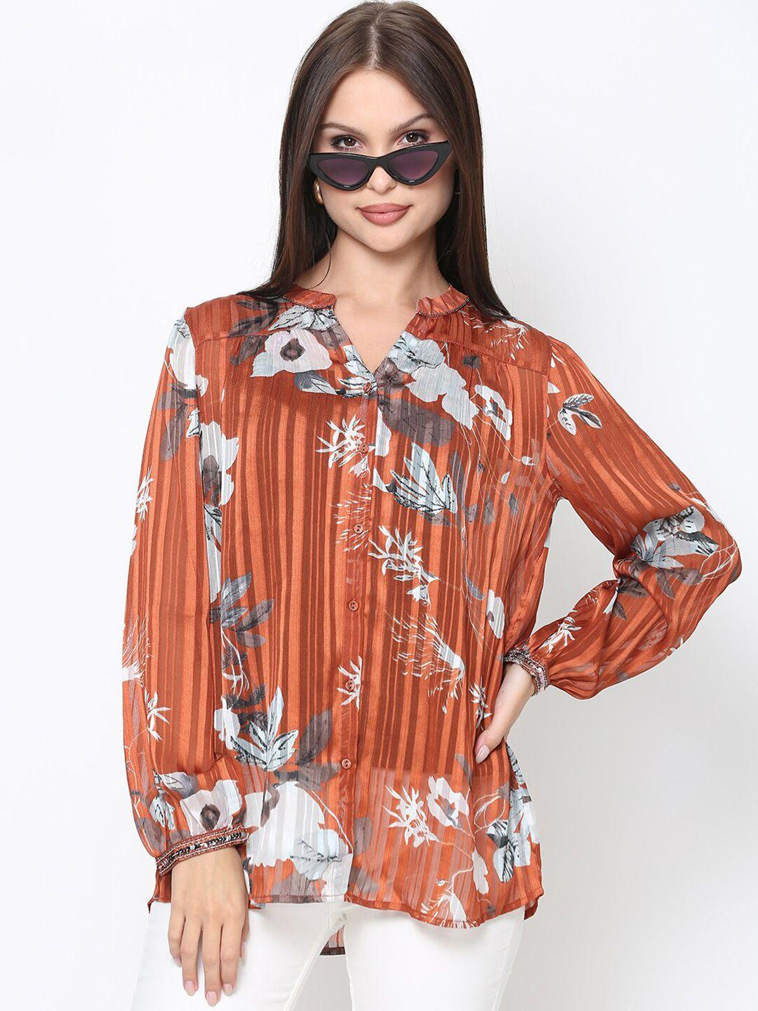 driro orange print georgette shirt style top