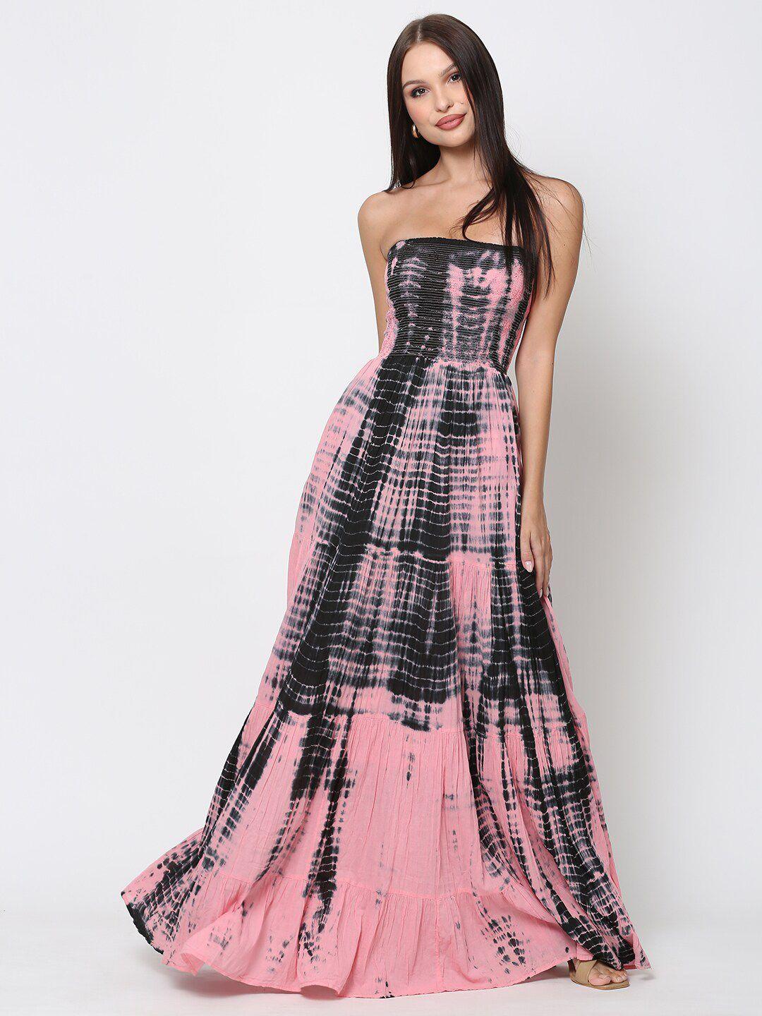 driro pink & black printed strapless maxi dress