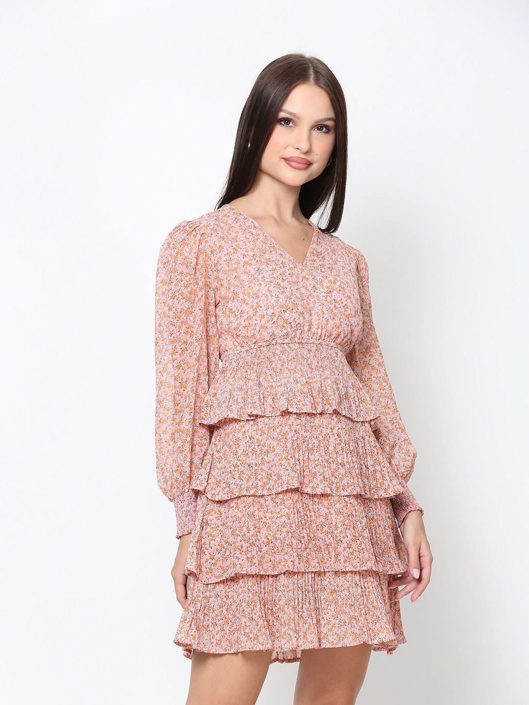 driro pink & orange floral printed layered georgette a-line dress