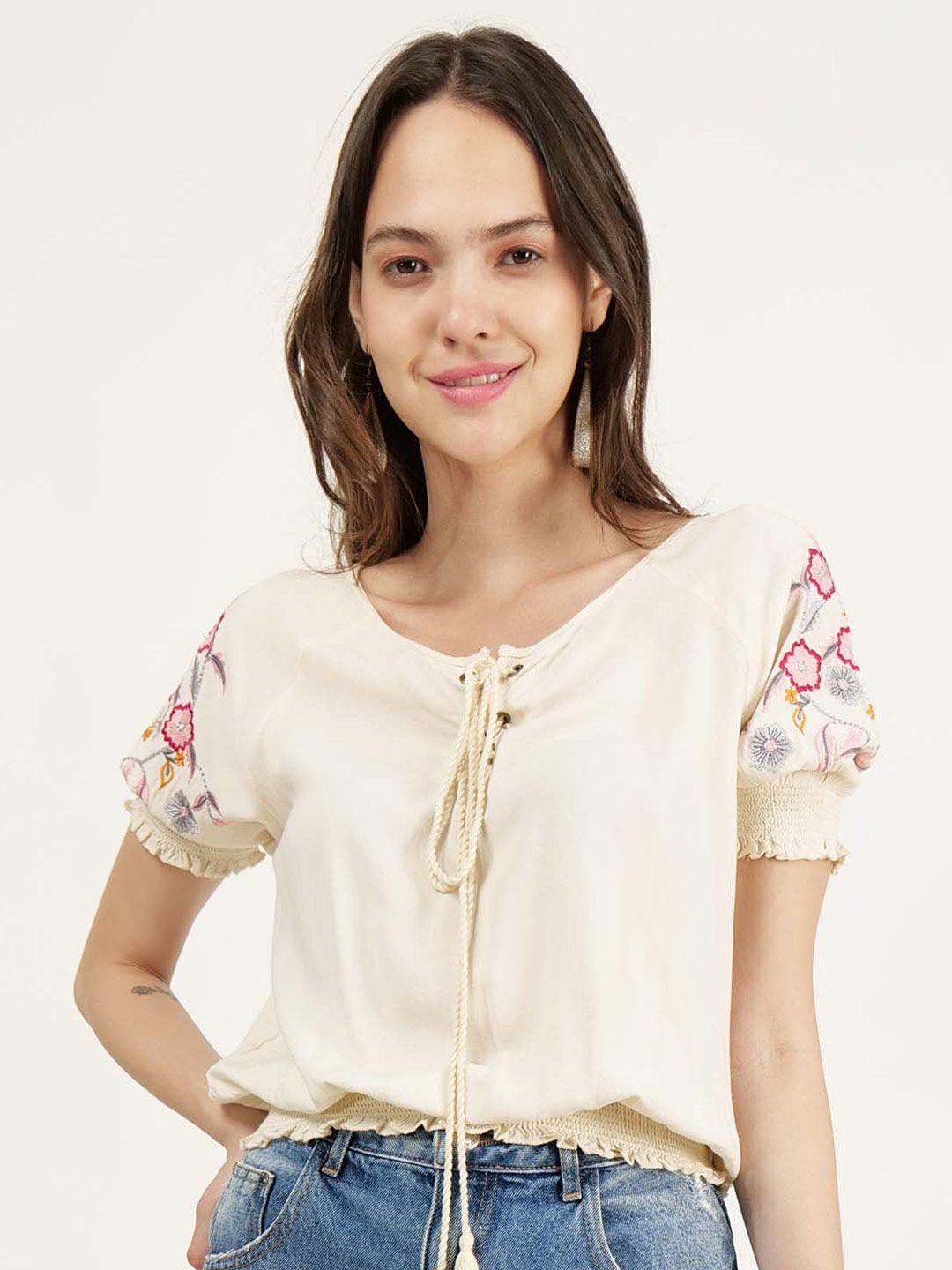 driro tie-up neck embroidered blouson top