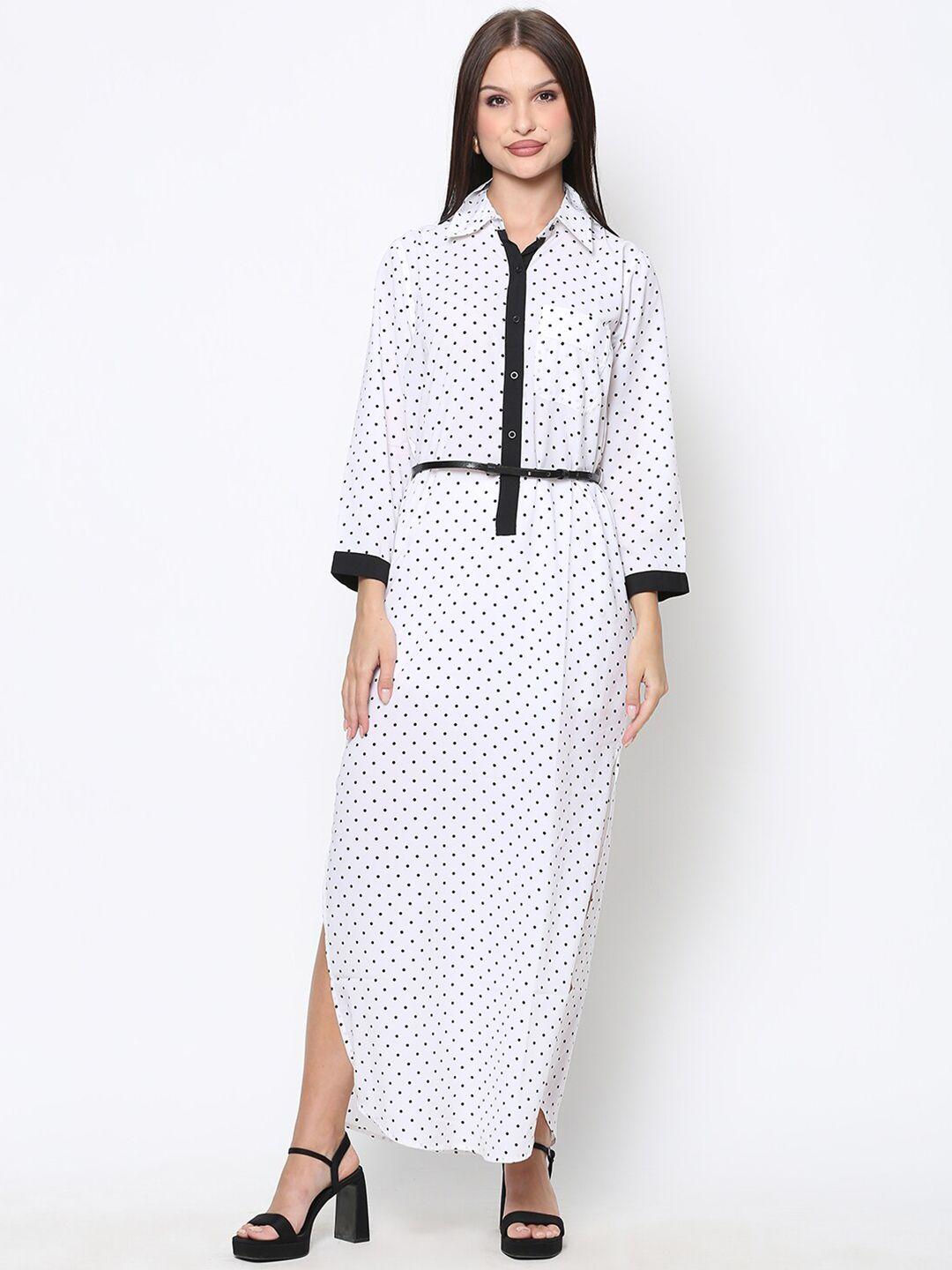 driro women black & white polka dots printed poly silk shirt maxi dress