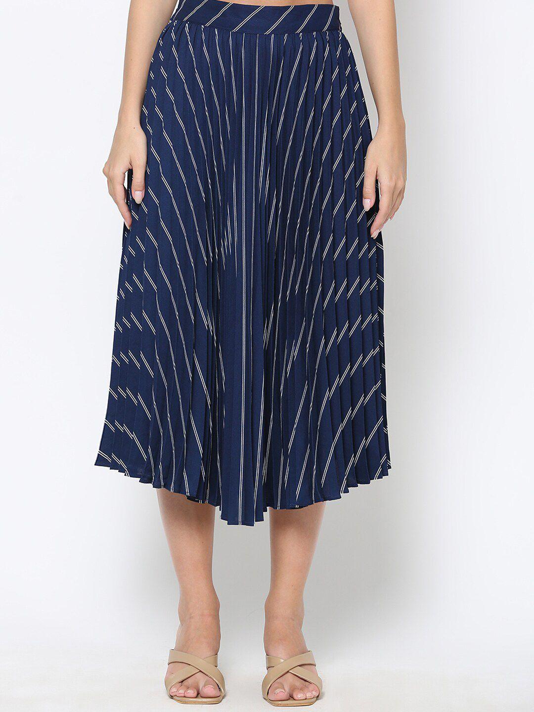 driro women navy blue stripe printed accordion pleated a-line skirt