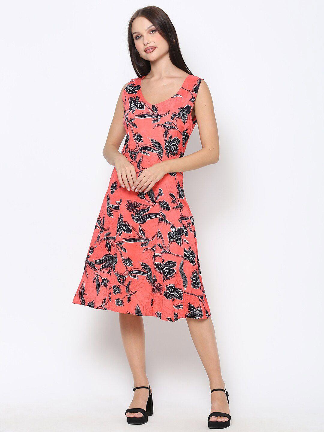 driro women rust floral printed silk a-line midi dress