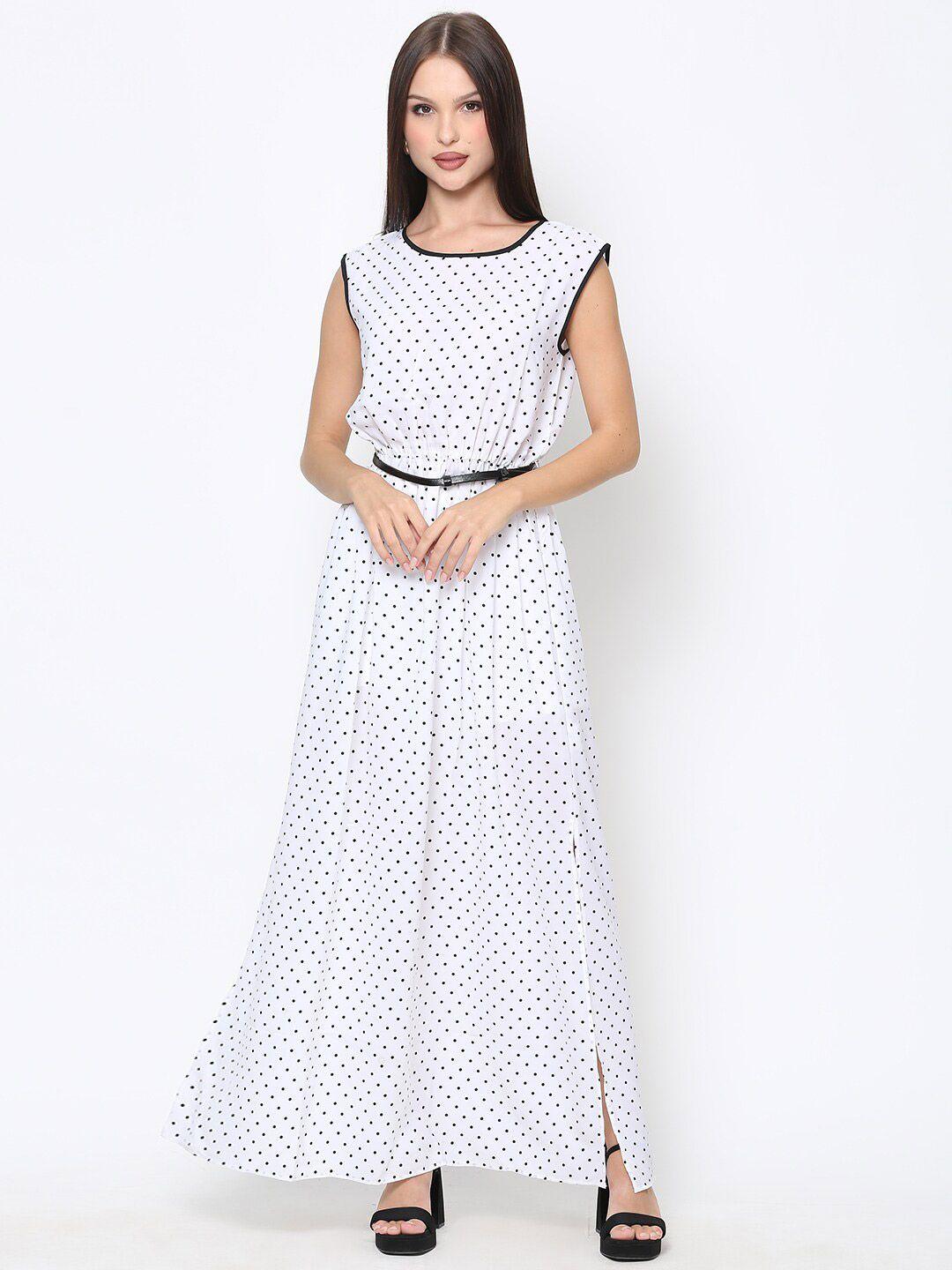 driro women white & black polka dots printed poly silk maxi dress