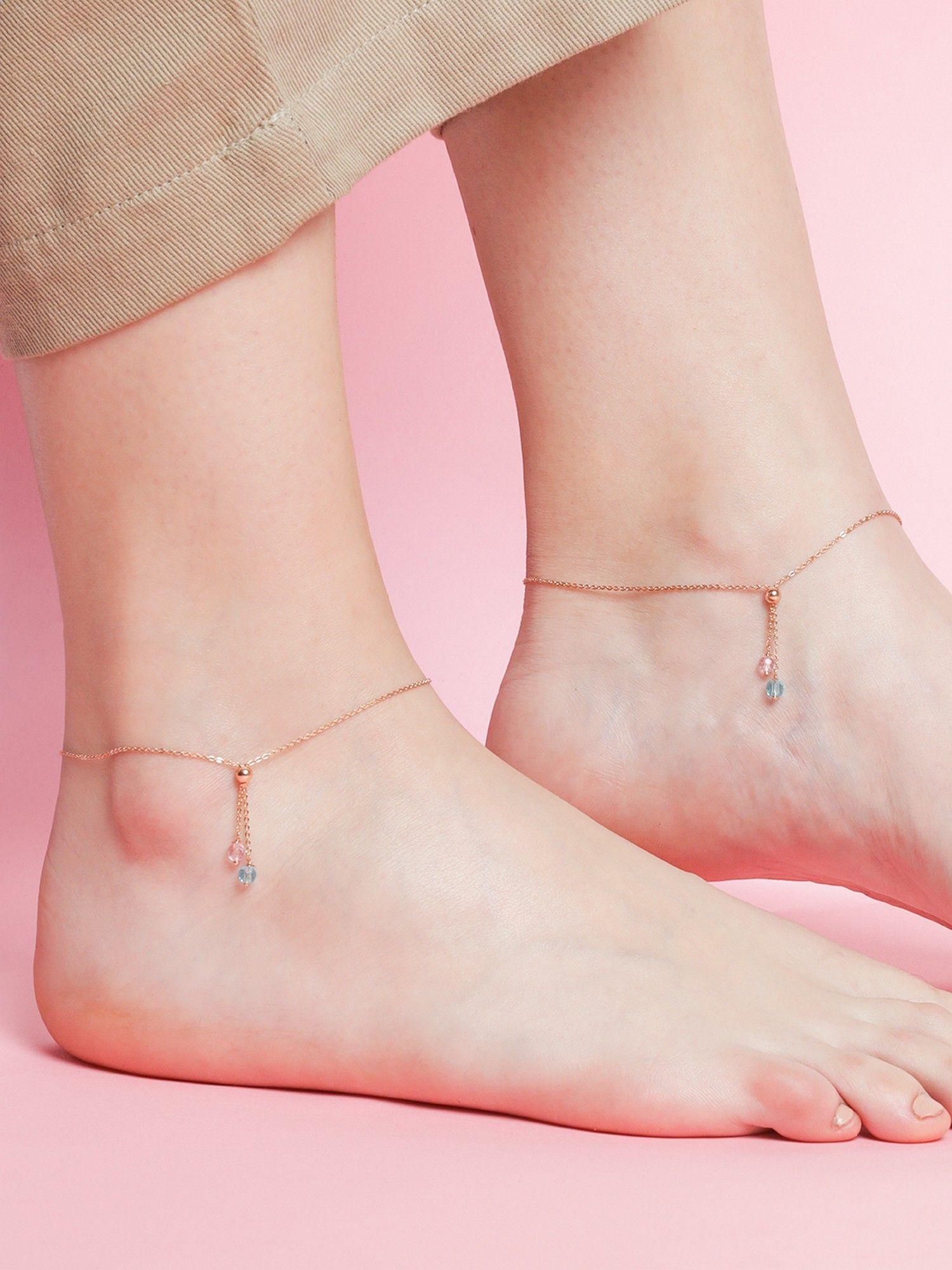 drop cz rose gold plated 925 sterling silver chained anklet pair