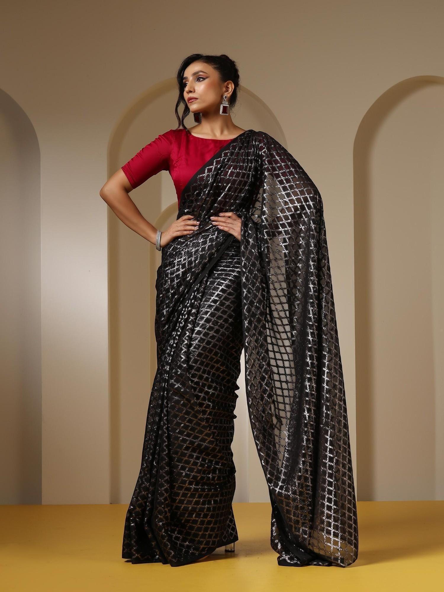 drop dead black and silver jaal saree with red fabric with unstitched blouse
