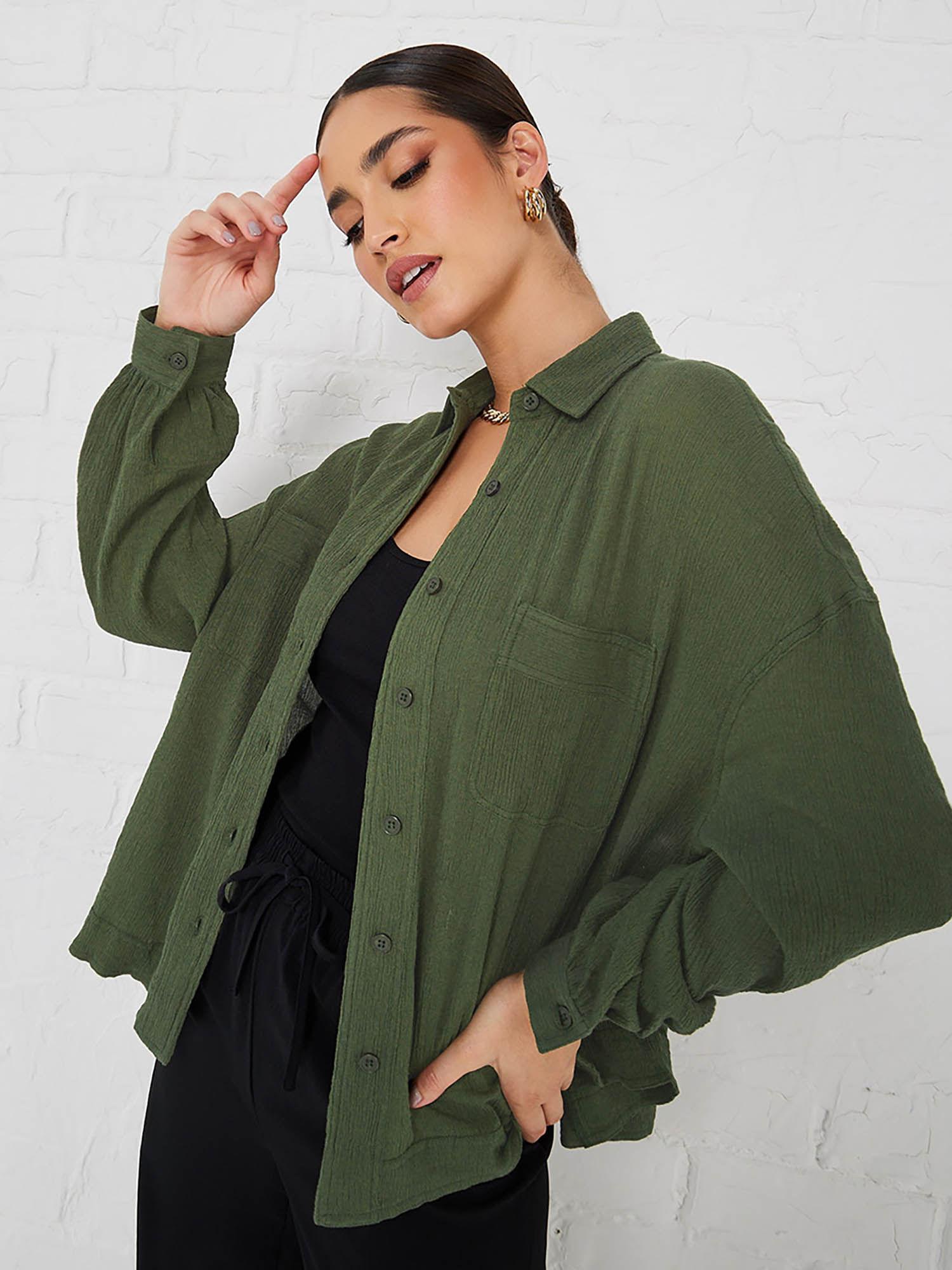 drop shoulder crepe oversized patch pocket shirt khaki