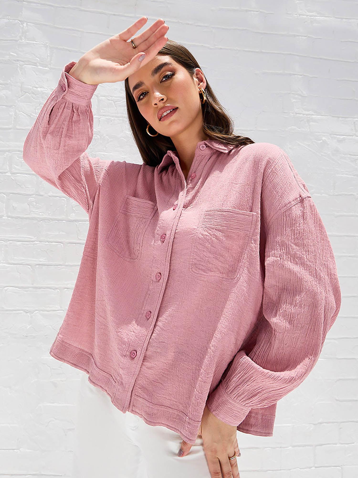 drop shoulder crepe oversized patch pocket shirt pink