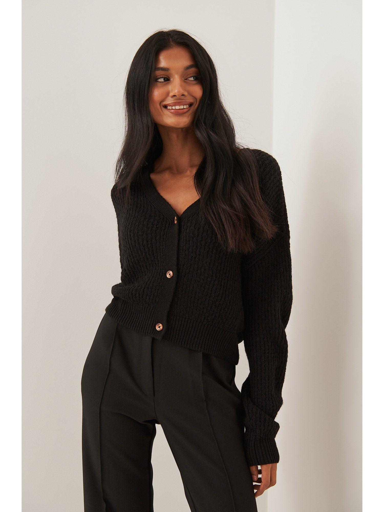 dropped shoulder knitted buttoned cardigan black