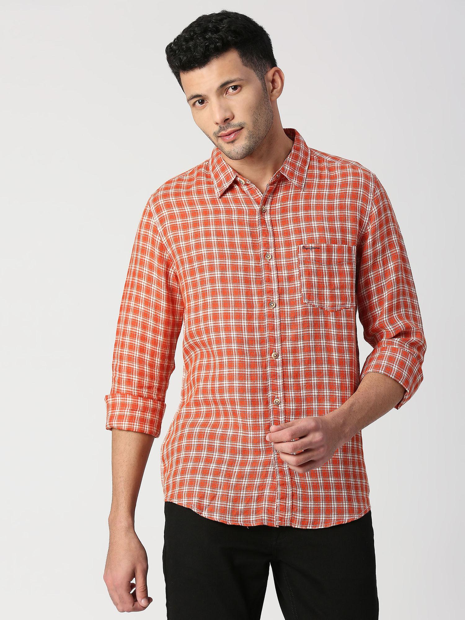 drown full sleeves pure linen check casual shirt