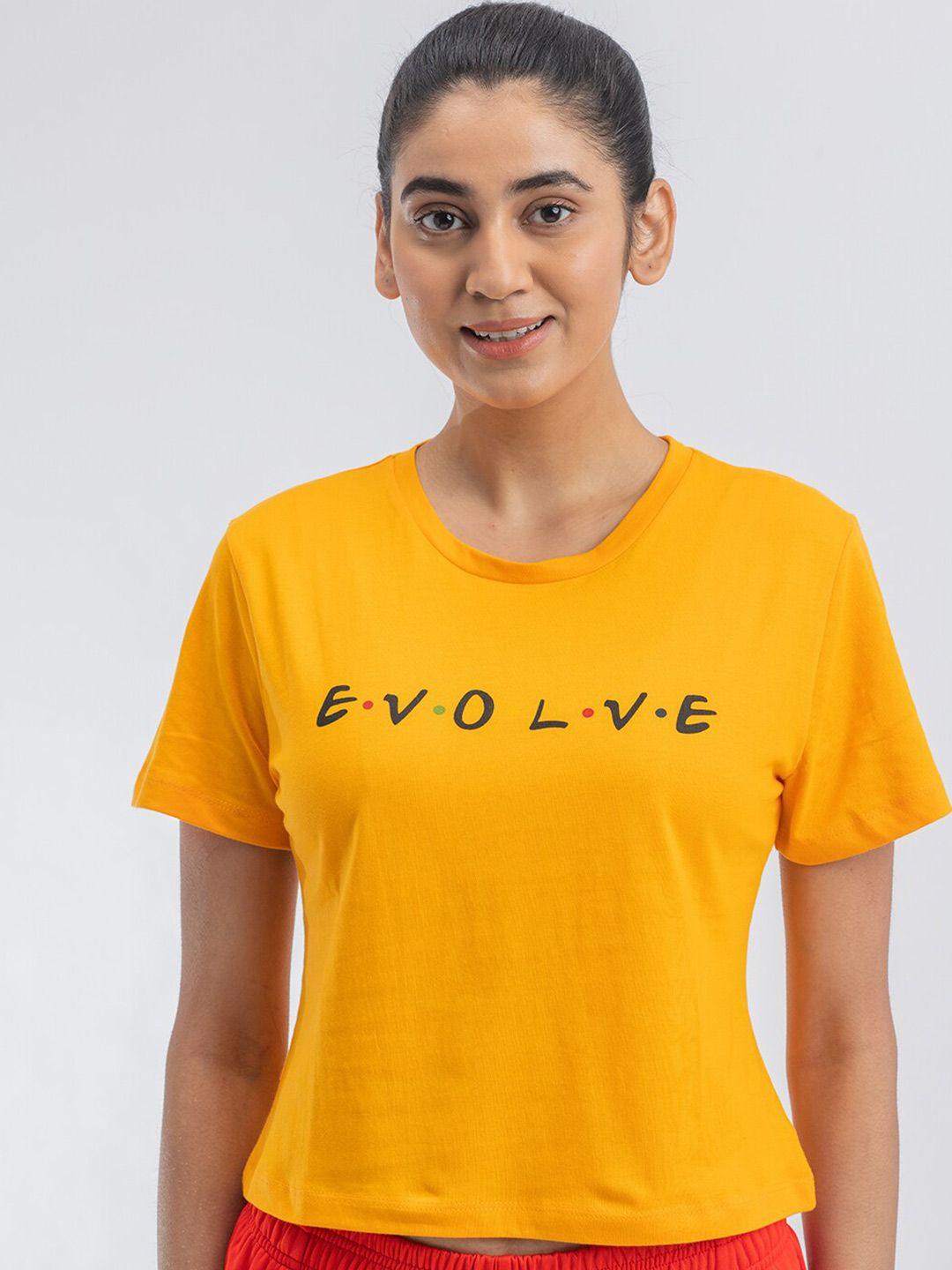 dryp evolut women mustard yellow typography printed cotton t-shirt