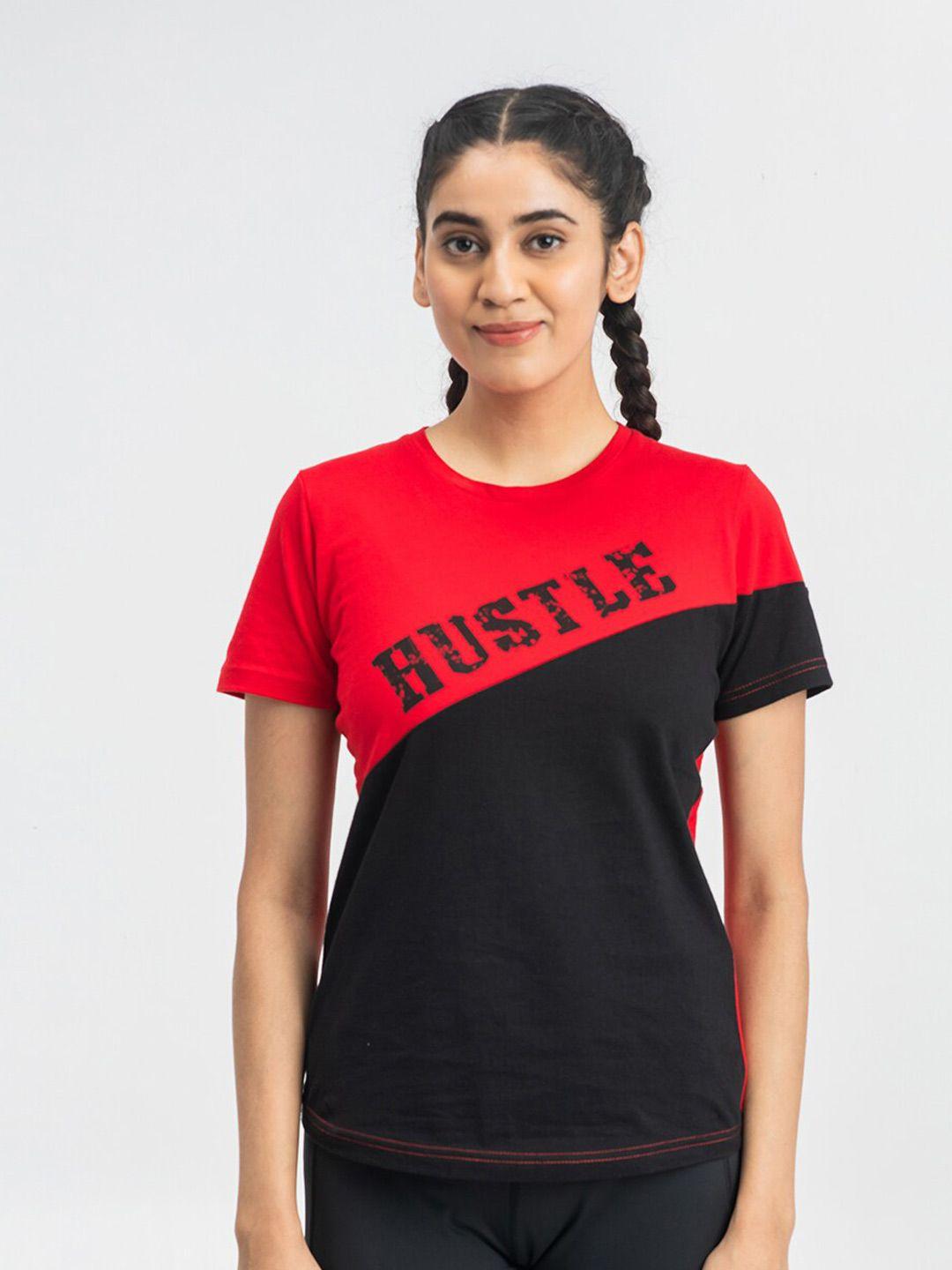 dryp evolut women red & black typography printed cotton t-shirt