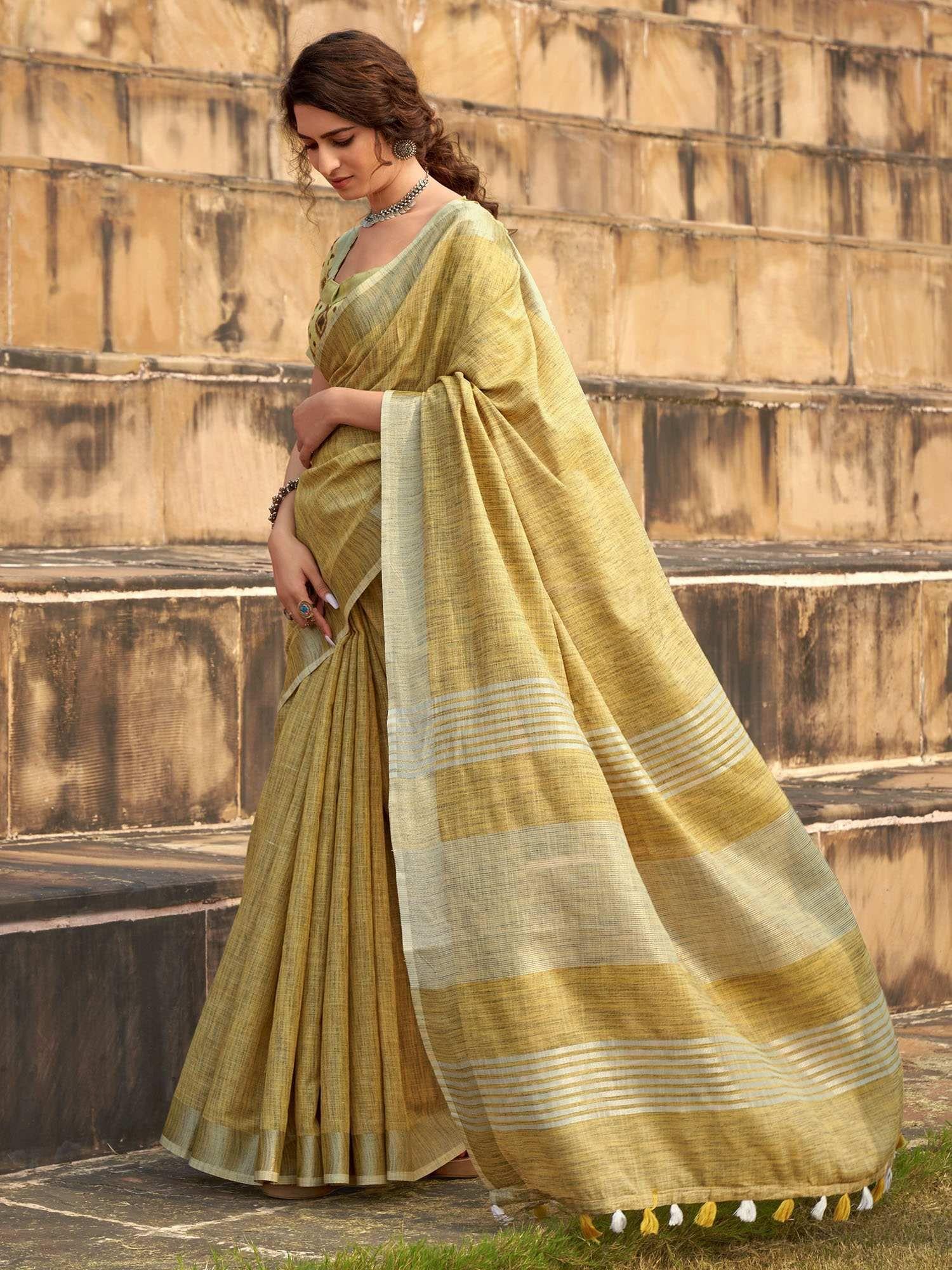 dua : yellow linen saree with unstitched blouse